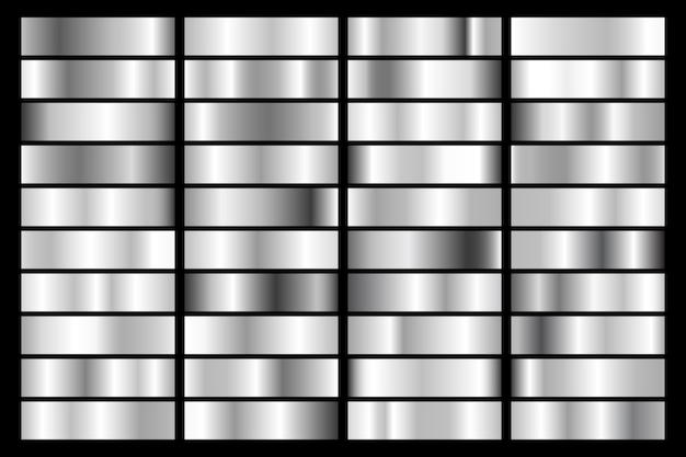 Vektor sammlung von silbernen, chrommetallischen farbverläufen. brillante teller mit silber-effekt.