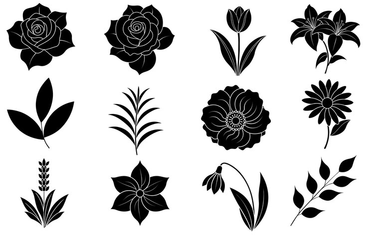 Vektor sammlung von silhouetten von blumen- und blattelementen