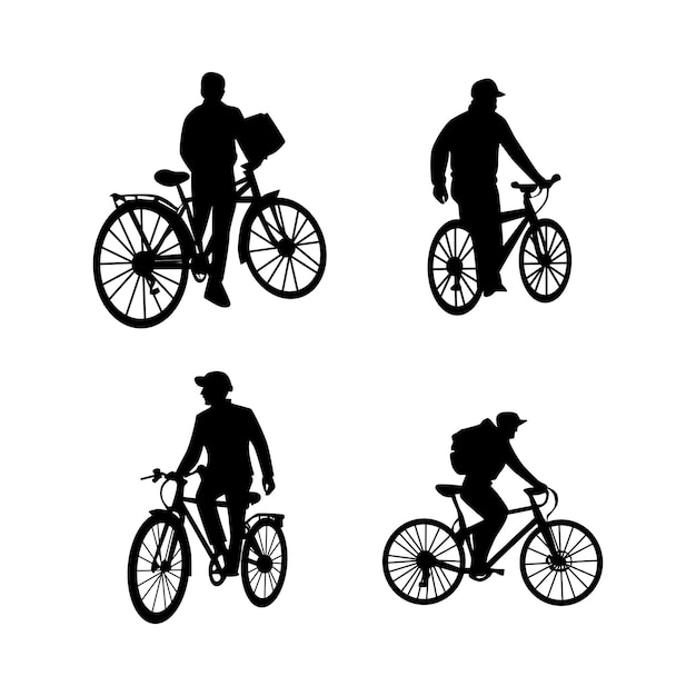 Sammlung von silhouetten von menschen, die fahrräder tragen