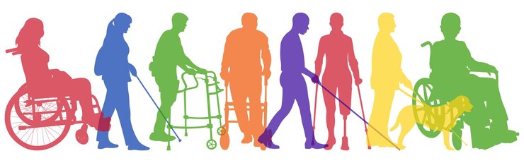 Vektor sammlung von silhouetten von menschen mit behinderungen männer und frauen mit verschiedenen arten von behinderungen