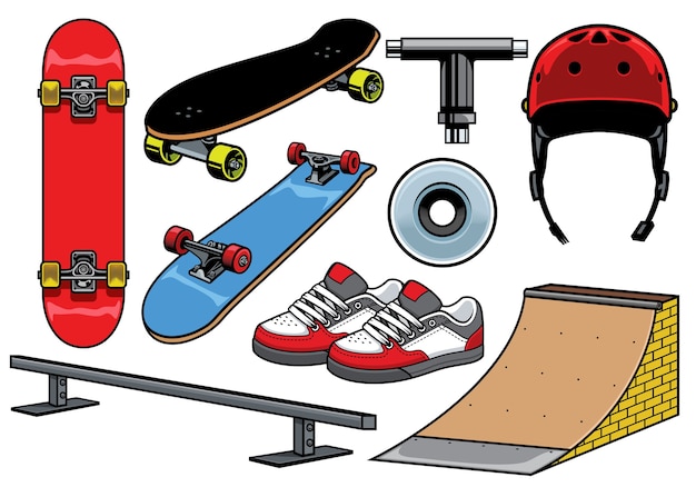 Vektor sammlung von skateboard-objekten isoliert auf weiß