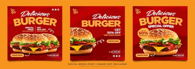 Sammlung von Social-Media-Beiträgen für Burger-Restaurant-Werbung mit Premium-Vektor