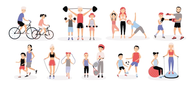 Sammlung von sportaktivitäten für die familie. mütter und väter mit kinderset. bosu, gewichtheben, boxen, seilspringen, tennis, fußball, joggen, yoga, fahrradtraining. bunte vektorillustration.