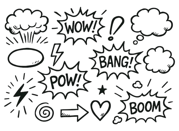 Sammlung von Sprachblasen mit verschiedenen Phrasen WOW BOOM POW Vektorillustration im Doodle-Stil