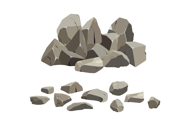Sammlung von Steinen verschiedener Formen und PflanzenKüstenkieselKopfsteinpflasterKiesMineralien und geologische FormationenFelsfragmenteFelsblöcke und BaumaterialVektorillustration