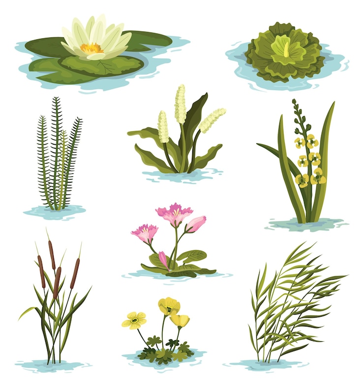 Vektor sammlung von sumpf- und feuchtgebietspflanzen handgezeichnetes botanisches set reed water lily cane und carex sumpfflora und -fauna gemeinsame pflanzen wachsen in wasserisolierter illustration