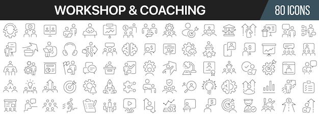 Sammlung von symbolen für die workshop- und coaching-linie großes ui-symbol in flachem design dünne umrisssymbole packen vektorillustration eps10