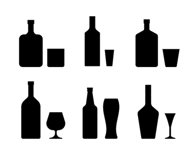 Sammlung von Symbolen für schwarze Alkoholflaschen und Gläser. Alkoholische Getränke mit Weingläsern. Getränkeset