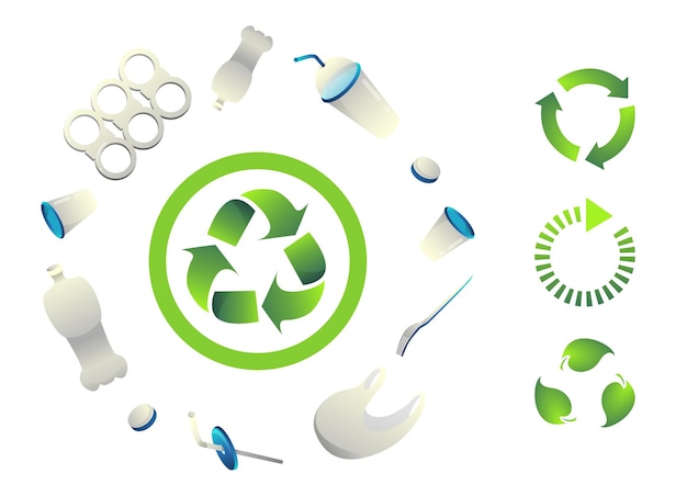 Sammlung von symbolen materialrecycling-symbol satz von kunststoffabfällen reinigung der natur aus kunststoff