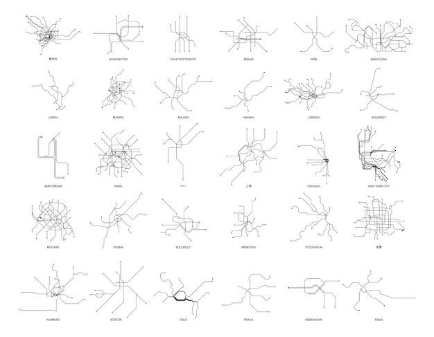 Sammlung von u-bahn-karten verschiedener länder in einem linearen stil.
