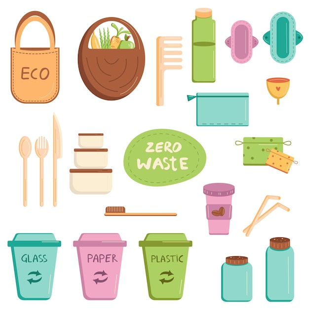 Sammlung von Vektor-Flachelementen Zero Waste Menstruationstasse wiederverwendbare Kaffeetasse Stoffbeutel Holzkamm Glasflasche Stoffpads Bambus Zahnbürste