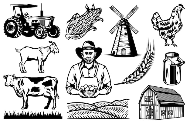 Sammlung von Vintage Farming Design-Elementen