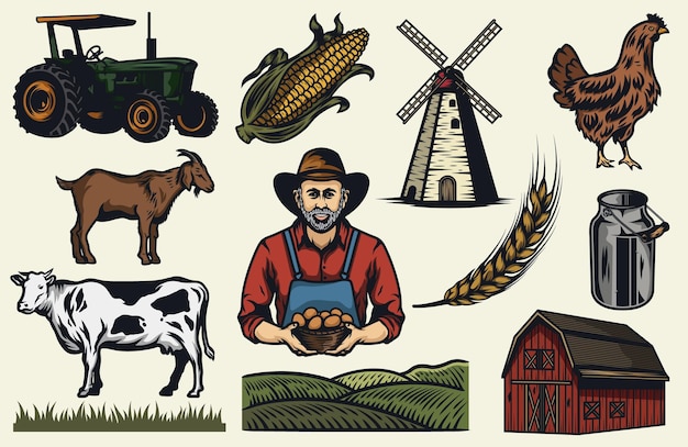 Sammlung von Vintage Farming Design-Elementen