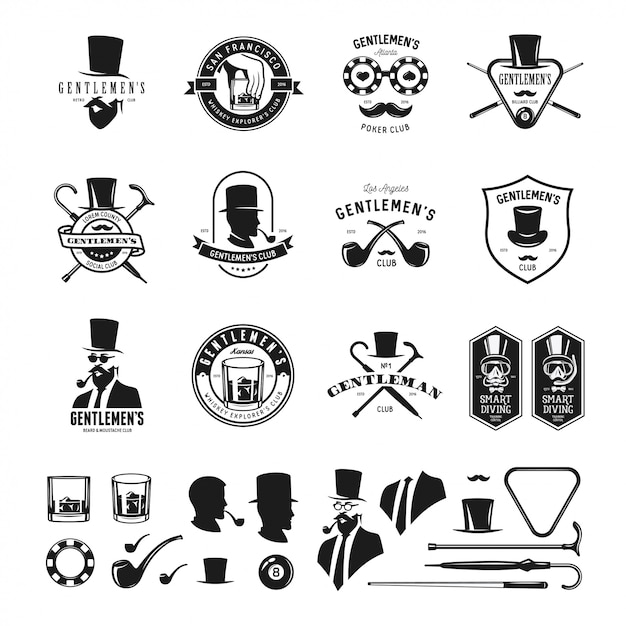 Vektor sammlung von vintage gentleman embleme, etiketten, abzeichen und design-elemente. einfarbiger stil