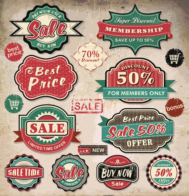 Sammlung von Vintage-Retro-Grunge-Verkaufsetiketten, Abzeichen und Symbolen