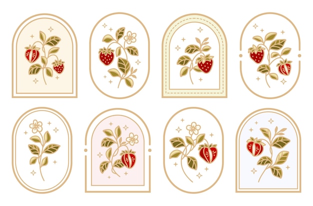 Sammlung von vintage strawberry logo label mit rahmen und floralen elementen