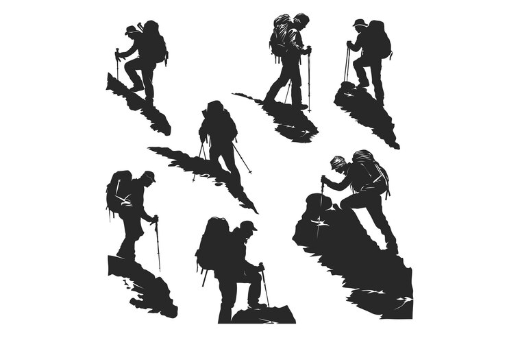 Vektor sammlung von wanderer in bergen silhouetten in verschiedenen posen kostenlos
