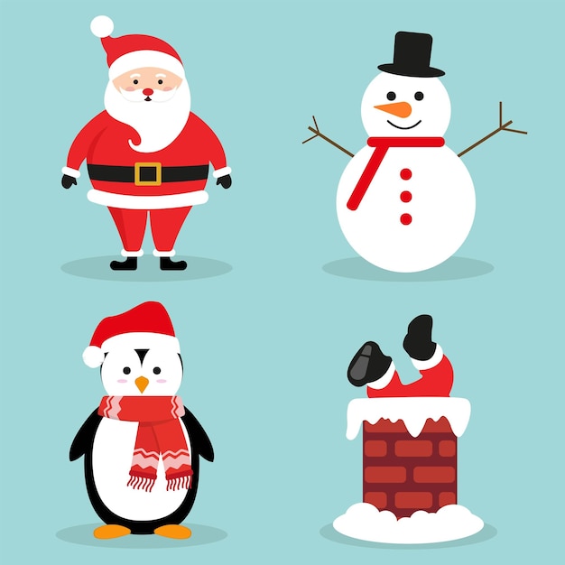 Sammlung von weihnachtsfiguren weihnachtsmann schneemann und pinguin vektorische illustration