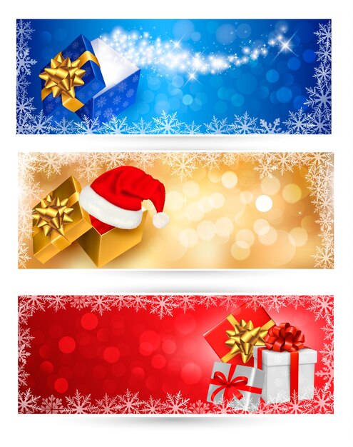 Sammlung von weihnachtshintergründen mit geschenkboxen und schneeflocken. illustration.