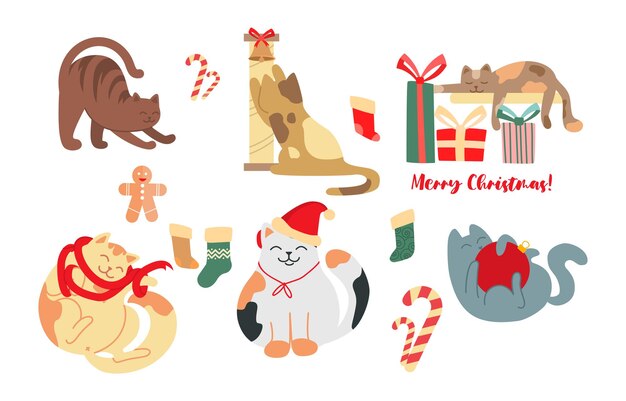 Sammlung von Weihnachtskatzen süßer Aufkleber mit flauschigem Haustier weihnachtsgeschenk süßes und Socken-Design