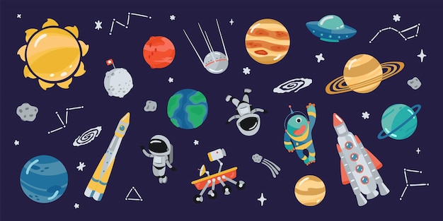 Sammlung von weltraumsymbolen im cartoon-stil clipart verschiedener elemente für ihr design illustrationen von planeten, raketen und astronauten vektor