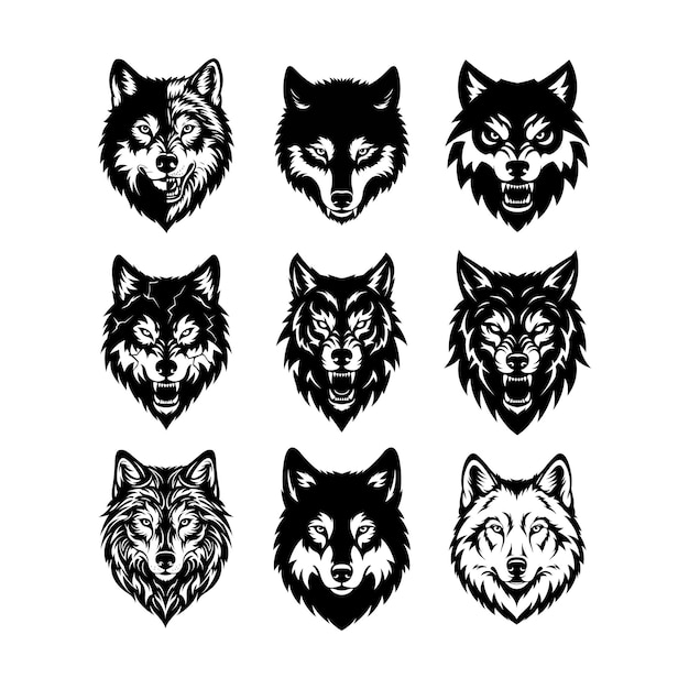 Sammlung von Wolfskopfillustrationen in verschiedenen Stilen