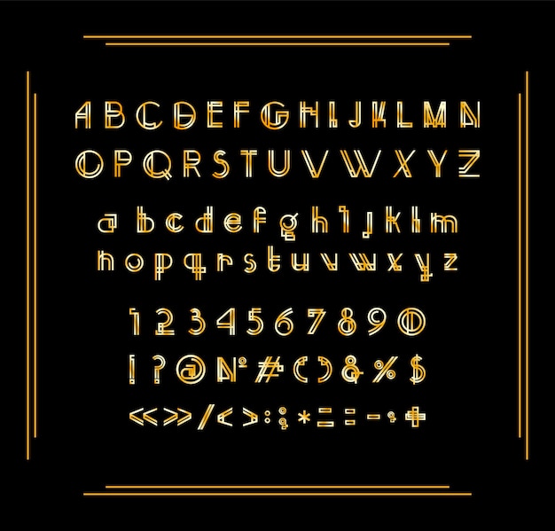 Sammlung von zahlen, buchstaben und satzzeichen art-deco-schriftart