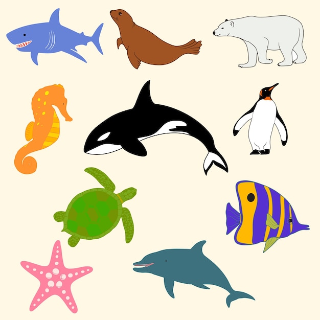 Sammlung von zehn lustigen clipart-meerestieren ozeantiere setsharkturtle