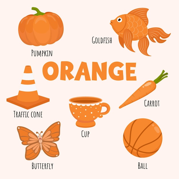 Sammlung von Zeichentrickfilmen für das Erlernen der orangefarbenen Farbe