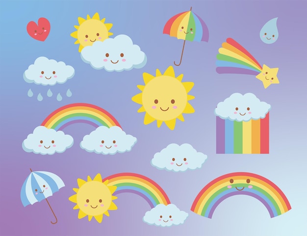 Sammlung von Zeichentrickfilmen mit Wetterzeichen, Illustrationen, Vektor
