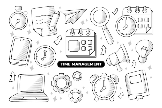 Vektor sammlung von zeitmanagement-elementen mit handgezeichnetem, linearem doodle-design