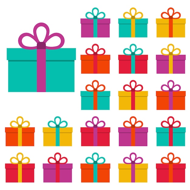 Sammlung von zwanzig mehrfarbigen geschenkboxen. vektor-illustration
