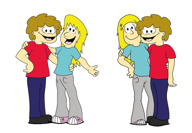 Vektor sammlung von zwei freunden, die sich umarmen und lächeln junge und mädchen cartoon-vektorillustration isoliert