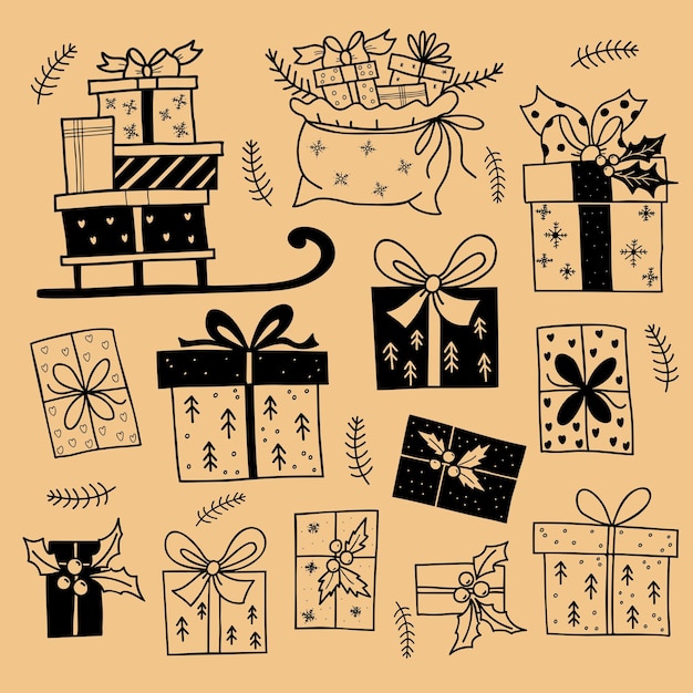 Sammlung weihnachtsgeschenke fabelhafte schlitten weihnachtsmänner geschenktüte geschenkboxen neujahrsdekor lineares gekritzel