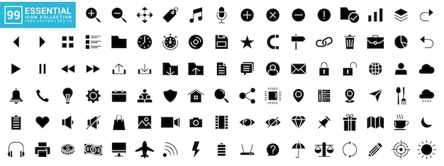 Sammlung wesentlicher Symbole, die für Web-Symbole, mobile Apps, bearbeitbare und vergrößerbare EPS 10 geeignet sind
