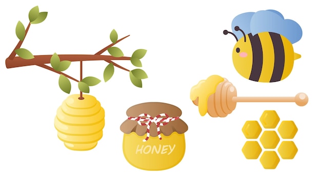 Sammlungssatz des niedlichen honigobjekts der karikatur bienenwabenbaumasthonigbienenstock