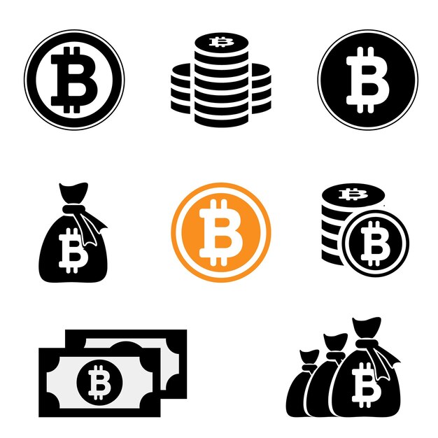 Sammlungssymbol Bitcoin-Zeichen für Internetgeld Soin-Stapel-Banknoten-Geldbeutel