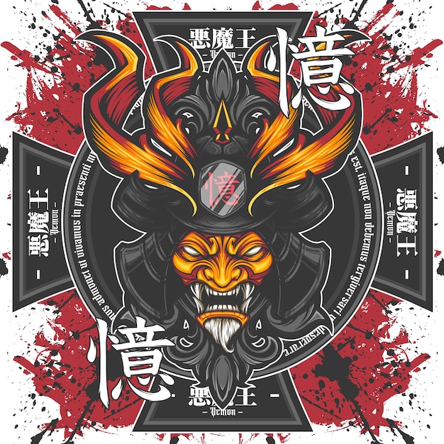 Samurai-kopf, oni-dämonenmaske, maskottchen-emblem-logo