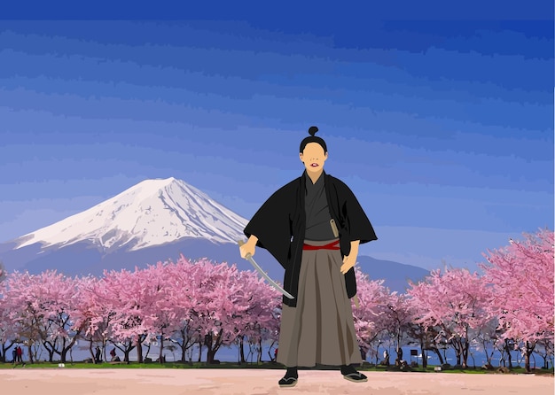 Samurai-Krieger hält ein Katana-Schwert mit dem Berg Fuji und Kirschblütenbäumen im Hintergrund, die die japanische Kultur feiern
