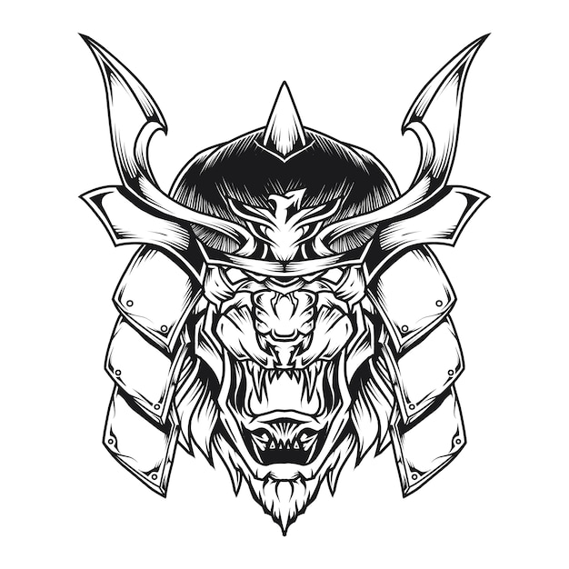 Samurai lion head line art illustration