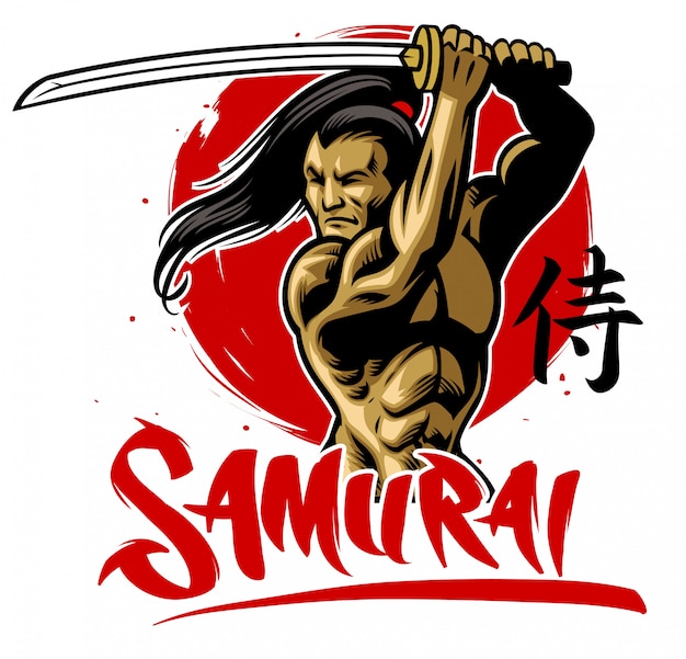 Samuraikrieger im muskulösen körper halten das samuraikatana