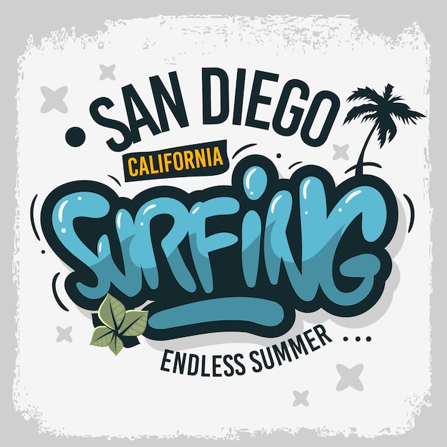 San diego kalifornien vereinigte staaten usa surfing surf design handgezeichnete beschriftung typ logo zeichen etikett für promotion ads t-shirt oder aufkleber poster bild