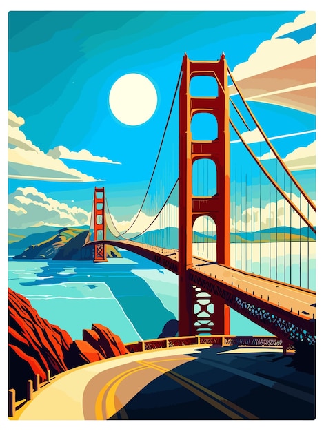 Vektor san francisco golden gate kalifornien vintage reiseposter souvenir postkarten porträtmalerei wpa