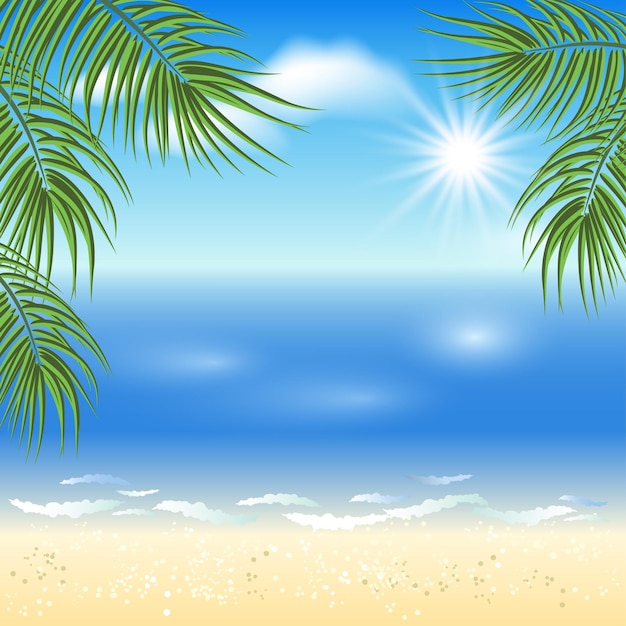 Sandstrand mit Palmen und Sonne am Himmel