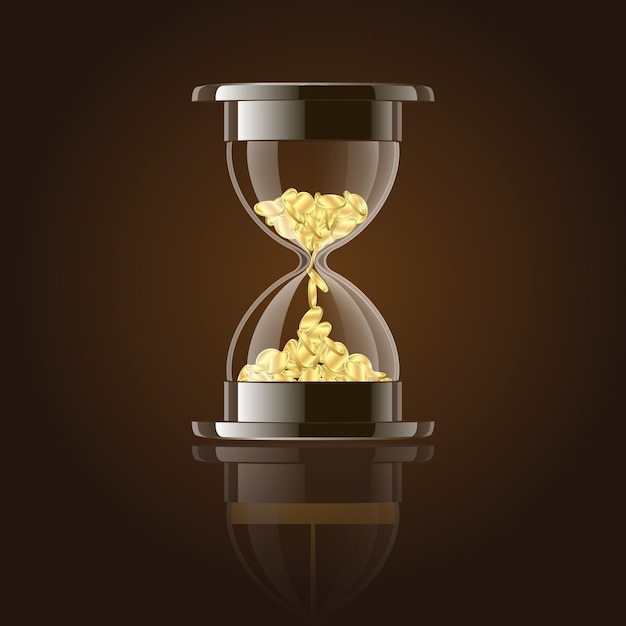 Sanduhr mit goldmünzen auf dunklem hintergrund. vektor-illustration