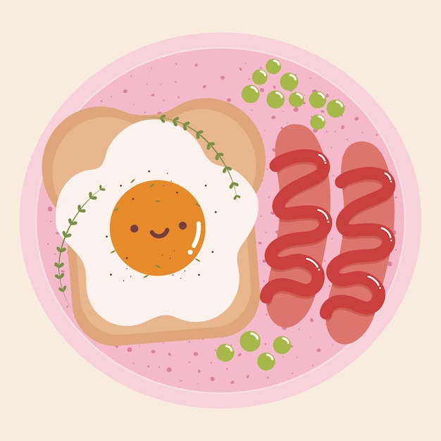 Vektor sandwich mit eigesunde ernährung süße frühstückssymbole im kawaii-stil klassische frühstücksideen