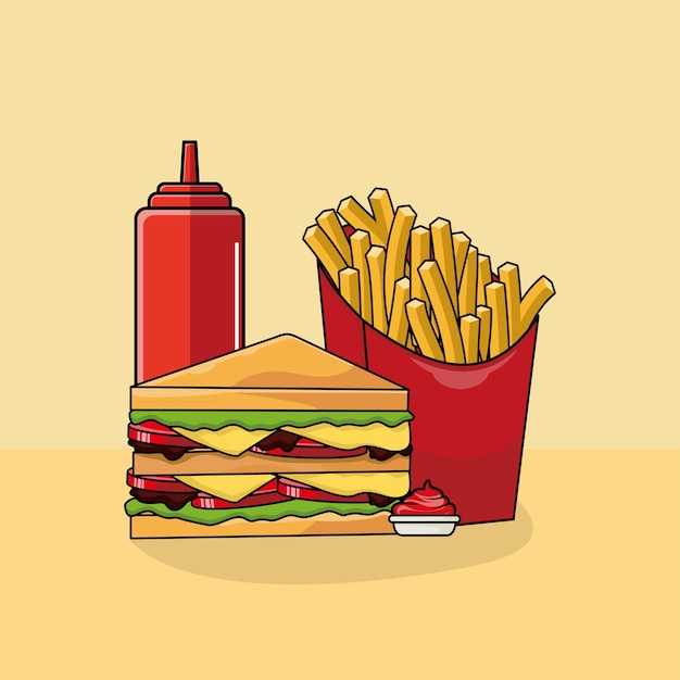 Sandwich, pommes frites und sauce illustration.