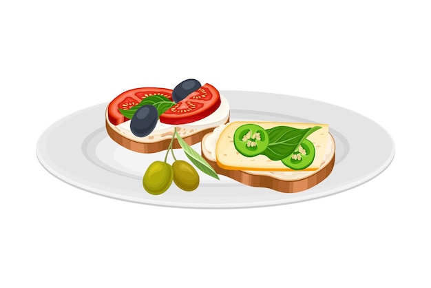 Vektor sandwiches with cheese olives and tomatoes as spanish cuisine dish served on plate vector illustration