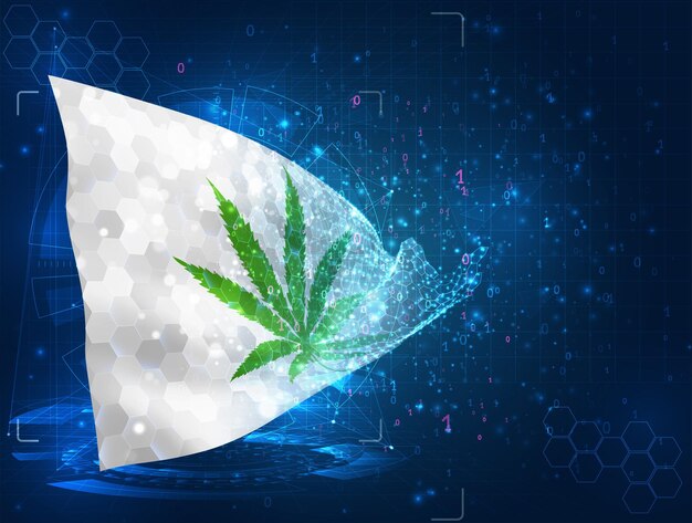 Sannabis-vektorflagge virtuelles abstraktes 3d-objekt aus dreieckigen polygonen auf blauem hintergrund