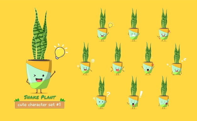 Sansevieria-Pflanzenzeichensatz 1 isoliert auf gelbem Hintergrund Sansevieria-Pflanzencharakter-Emoticon-Illustration